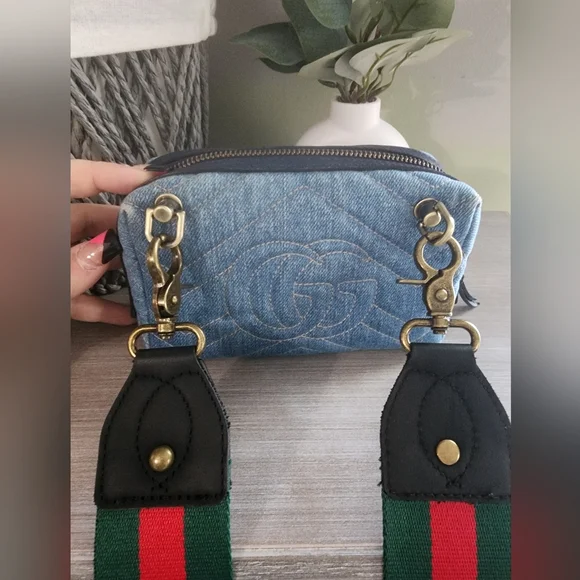 Gucci Marmont Denim Pouch Crossbody Bag Pearl GG Logo - Picture 8 of 13